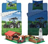 Dekbedovertrek Groene Tractor- Glow in the Dark- 1persoons- 140x200- Boerderij- Katoen, incl. grote boerderij speelgoed set