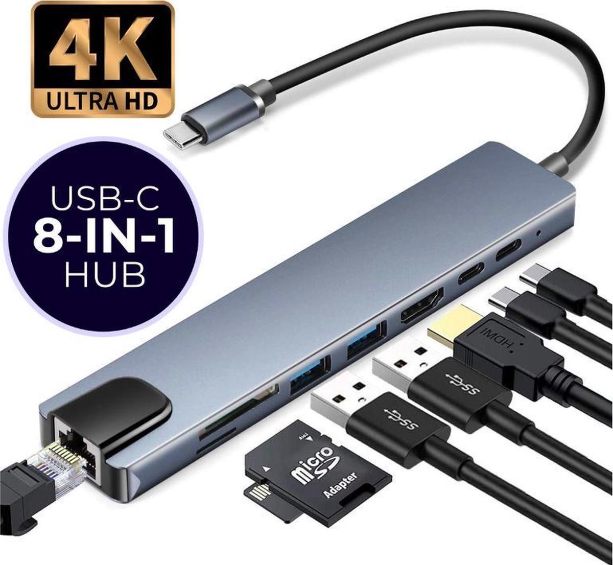 GoodTech® 8-in-1 USB Hub met Voeding – USB C Hub – USB Adapter – USB Hub 3.0 – Multifunctionele adapter – HD 4K Output