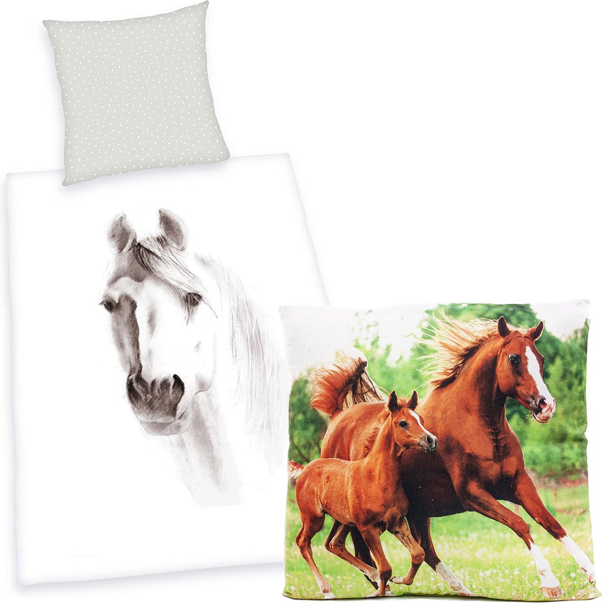 Dekbedovertrek Wit Paard -140 x 200, Paarden dekbed-katoen, incl. paarden Sierkussen 40x40