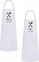 Go Mama® - Bruiloft cadeau - Trouwen - Huwelijkscadeau - Keukenschort Mrs. Mr. est. 2022 bruiloft cadeau - Keukenschort Dames en Heren - One Size - Wit