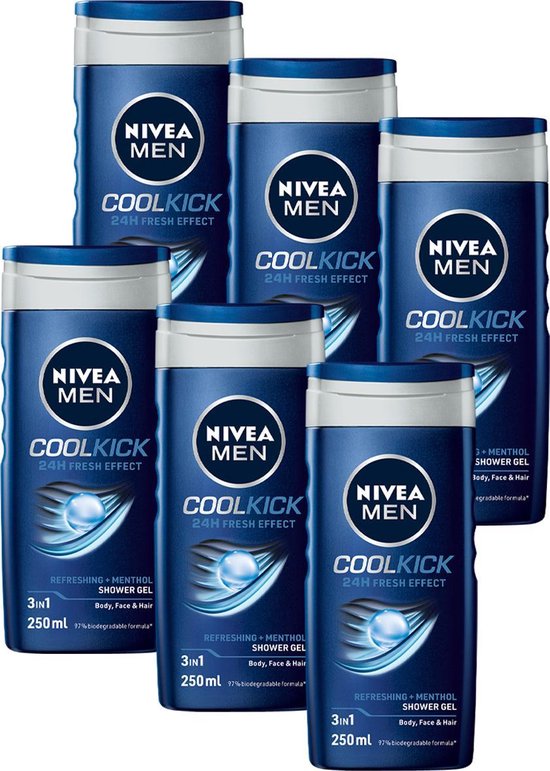 NIVEA MEN Cool Kick Shower Gel - 3-in-1 Douchegel Met Verfrissende Menthol - Shampoo - Voordeelverpakking - 6 x 250 ml