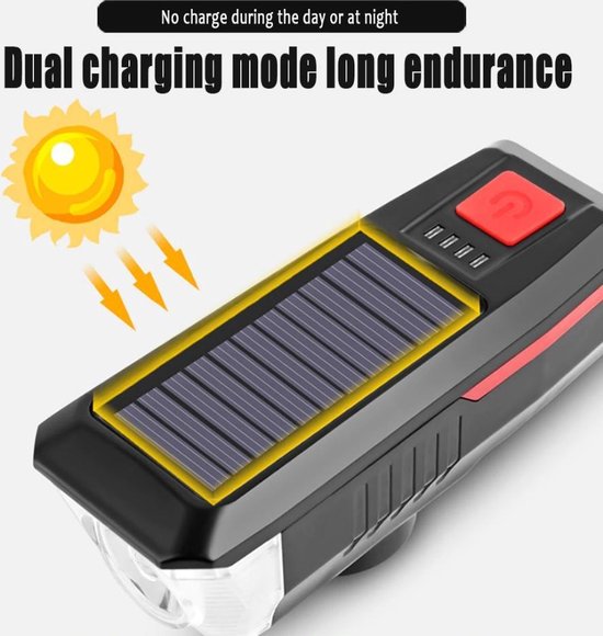 BikerVibes - Fietsverlichting USB Oplaadbaar - Voorlamp Fiets - Zaklamp - Solar - Voorlicht - LED - Waterdicht - Fietslampje - 250 Lumen - Zwart/oranje — afbeelding 4