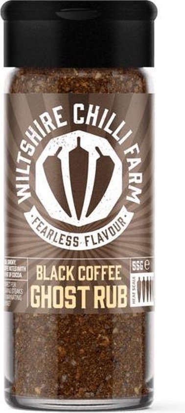 Glazen pot met zwarte dop, gevuld met een bruine kruidenmix. Het etiket vermeldt 'BLACK COFFEE GHOST RUB'.