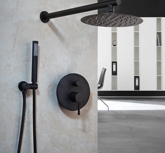 SaniSupreme Yosemite |Ensemble de douche pluie Massief| Intégré | Noir mat | Ensemble de douche| 25 CM | Douche de pluie |Douchette à main