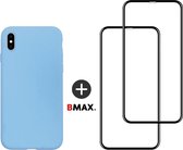 BMAX 2-pack iPhone X full cover glazen screenprotector incl. lichtblauw siliconen hardcase hoesje
