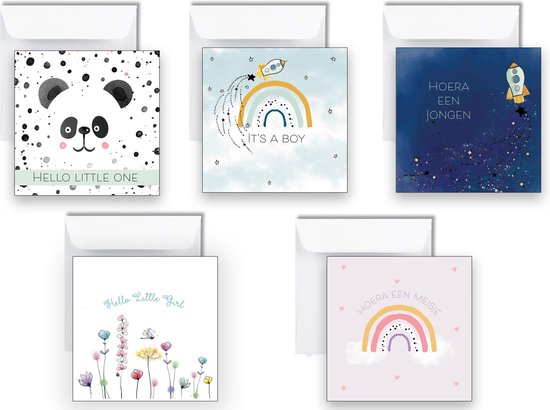 Geboorte felicitatiekaarten set 5 stuks incl. enveloppen – geboorte kaarten jongen & meisje – baby felicitatie kaarten – 15x15 cm