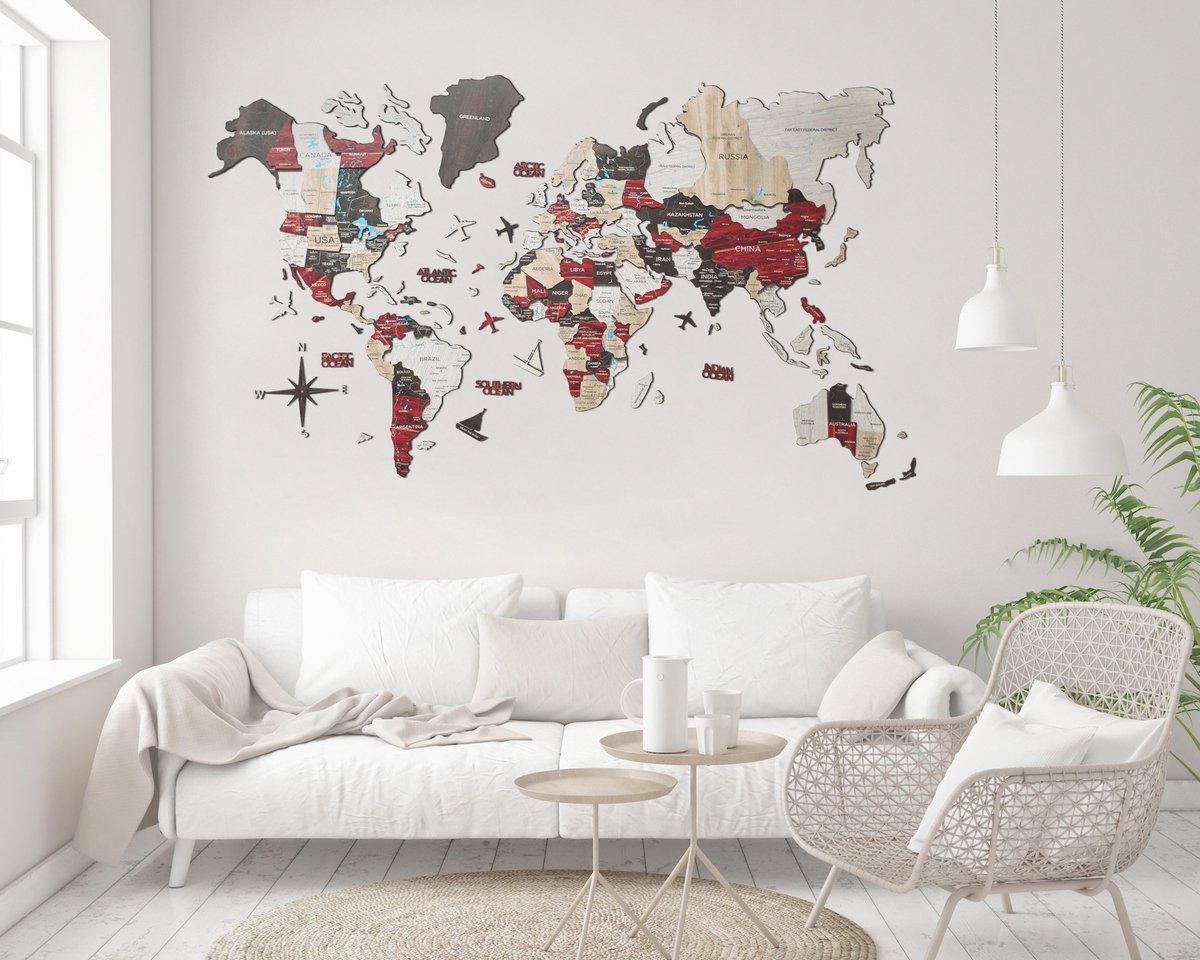 Houten Wereldkaart 3D - Urban - XXL (300 x 170 cm)