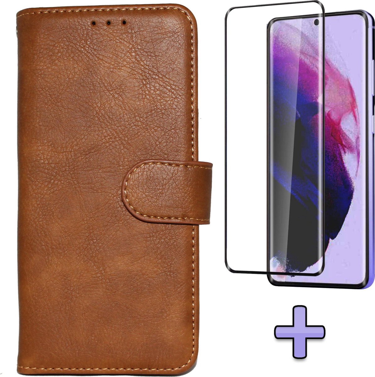 HB Hoesje Geschikt voor Samsung Galaxy S21 Plus - Bruin + Volledige Display Screenprotector - Luxe Kunstlederen Portemonnee Book Case