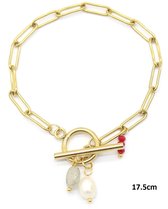 Armband Dames - Steen en Parel - RVS - Lengte 17,5 cm - Goudkleurig