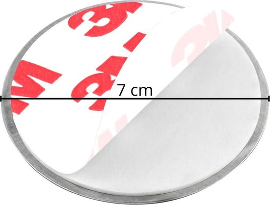 Ronde schijf met zilverkleurige rand, plakker met 3M logo, diameter 7 cm aangegeven.