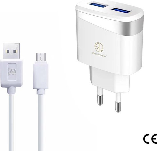 Oplader Rico Vitello, thuislader 2,4A  en kabel 1 meter wit, Micro USB kabel, travel charger , CE certificate