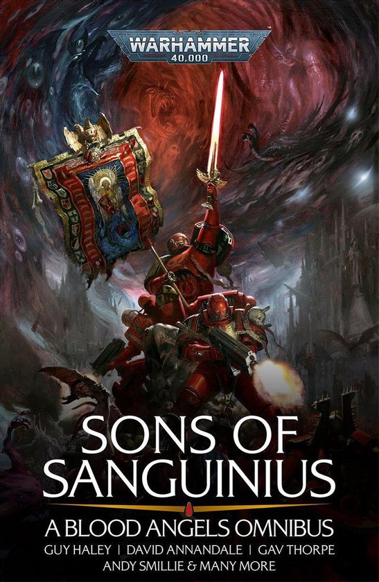 Warhammer 40,000 : Fils de Sanguinius, un Omnibus Blood Angels. Des Space Marines en armure rouge combattent avec lance-flammes et épée, une bannière brandie dans les airs.