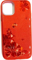 Apple iPhone 11 Pro Hoesje Rood Glitters Stevige Siliconen TPU Case BlingBling met 2x gratis Tempered glass Screenprotector