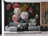 Professioneel Fotobehang Stilleven Met Bloemen In Een Glazen Vaas Jan Davidsz de Heem - zwart rood - Sticky Decoration - fotobehang - decoratie - woonaccessoires - inclusief gratis hobbymesje