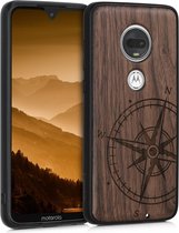 kwmobile telefoonhoesje compatibel met Motorola Moto G7 / Moto G7 Plus - Hoesje met bumper in donkerbruin - walnoothout - Vintage Kompas design