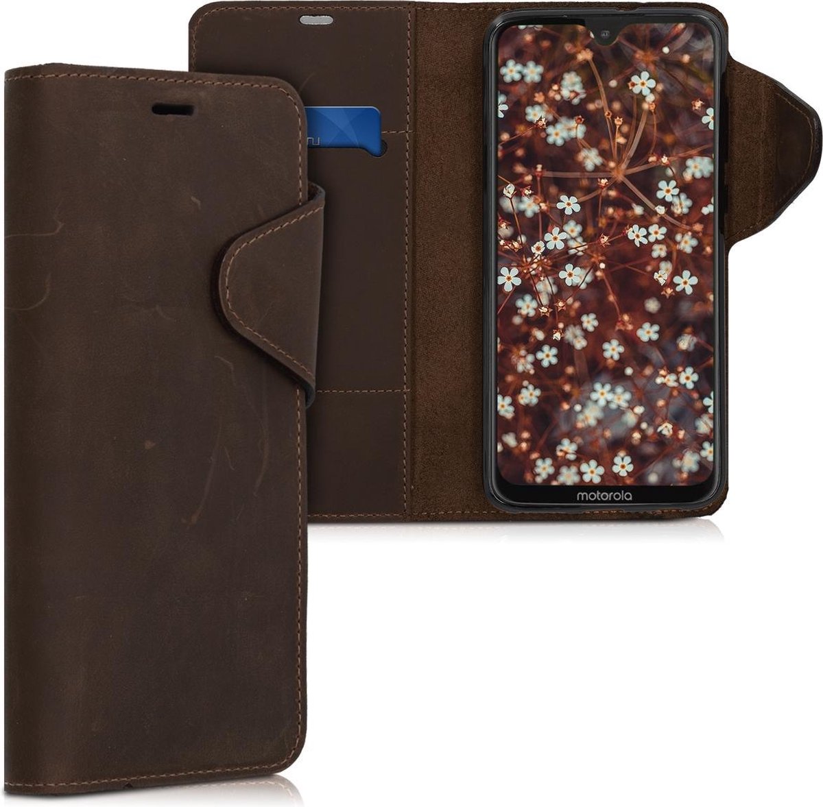 kalibri telefoonhoesje voor Motorola Moto G7 / Moto G7 Plus - Hoesje met pasjeshouder en standaard - bruin - Wallet case