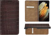 Samsung S21 Ultra hoesje - Bookcase - Samsung Galaxy S21 Ultra hoesje - Portemonnee Wallet case Ultra dun Echt leer Croco Bruin