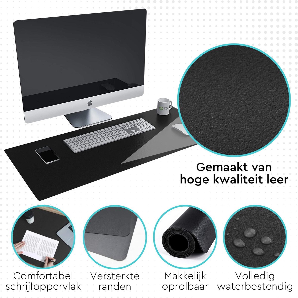 Hoogwaardige bureau-onderlegger van PU-leer voor bureau, elegante bureauonderlegger met randbescherming, waterdichte gaming-pc, laptop, muismat