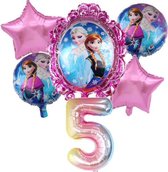 Geweldig 6 delig ballonpakket met 'Frozen Elsa en Anna' en grote cijfer 5 (80 cm hoog)