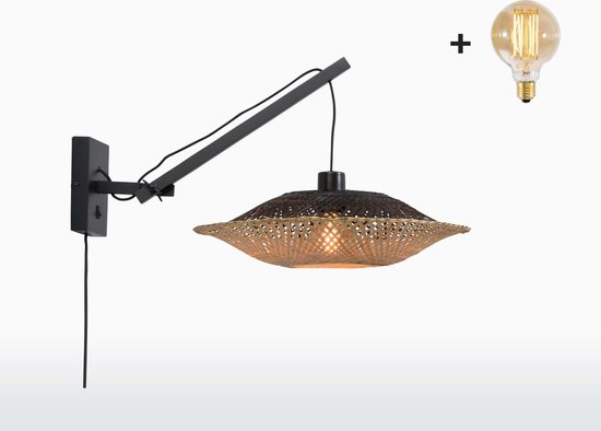 Wandlamp met Korte Arm - KALIMANTAN - Zwart Bamboe - Small (44x12cm) - Met LED-lamp