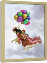 Foto in frame , Man en vrouw hangend aan ballonnen , Historisch Tafereel ,70x100cm , Multikleur , wanddecoratie