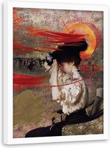 Foto in frame ,Artistieke Vrouw  met hoed ,Historisch Tafereel ,70x100cm , Multikleur , wanddecoratie