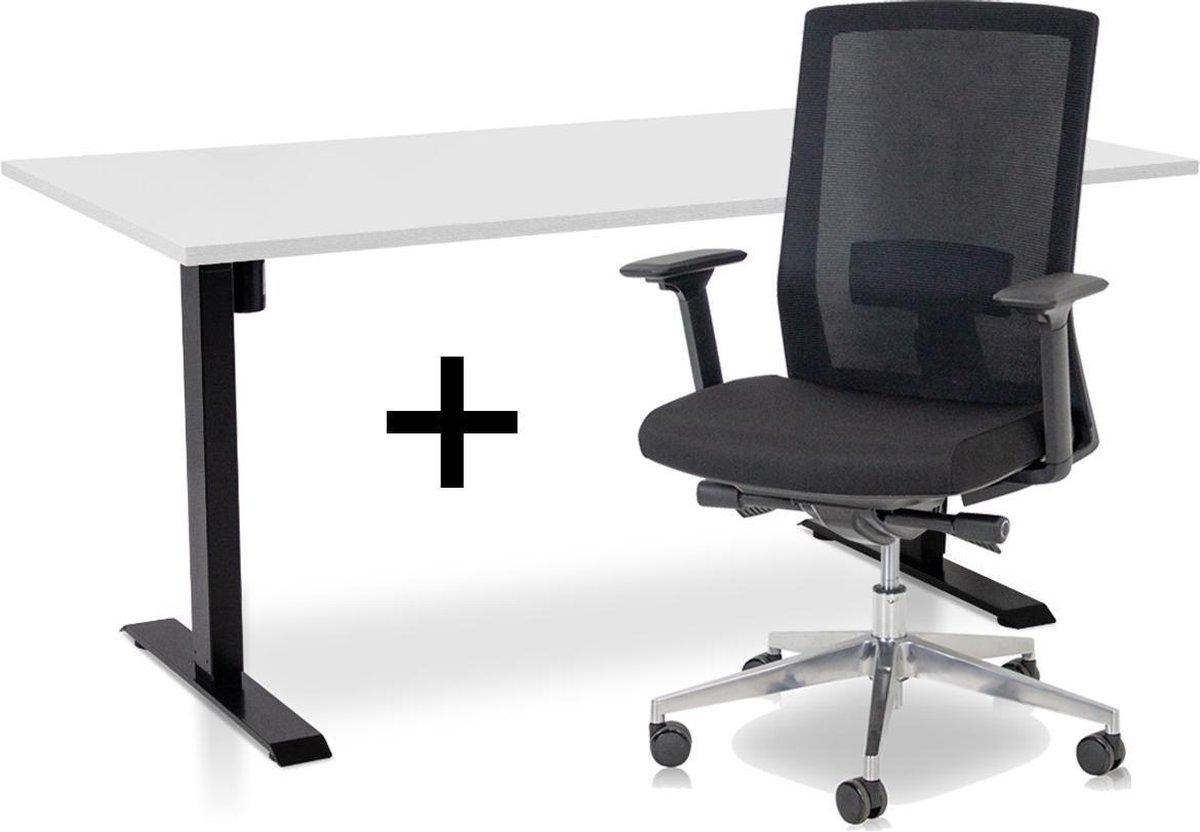 Zit-sta bureau elektrisch verstelbaar + ERGO Bureaustoel | ARBO EASY Thuiswerkset | frame bureau zwart - bureaublad wit | 160x80 cm