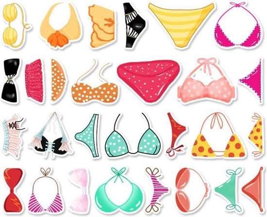 Autocollants bikini - 56 pièces - Mélange de thèmes été, maillots de bain, mode plage