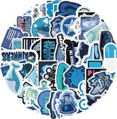 Blauwe stickers mix - 61 stickers met blauw thema; dieren, surfen, teksten, bloem etc.