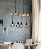 hanglamp, 4-punts vintage plafondlamp, industrieel design hanglamp, retro stalen en houten hanglamp, kleur: zwart, bruin, fitting: E27