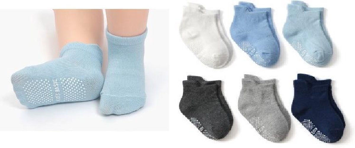 6 paar - Stevige Antislip sokken effen blauw grijs (1-3 jaar) - jongens baby en dreumes enkelsokjes anti slip - Maat 21-24 - Merkloos