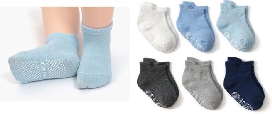 6 paar - Stevige Antislip sokken effen blauw grijs (1-3 jaar) - jongens baby en dreumes enkelsokjes anti slip - Maat 21-24