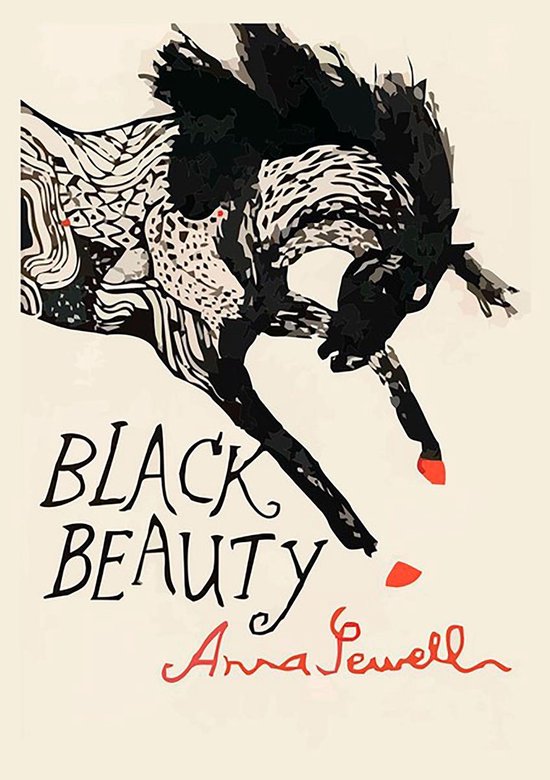 Zwart-wit illustratie van een paard met rode accenten. "BLACK BEAUTY Anna Sewell".