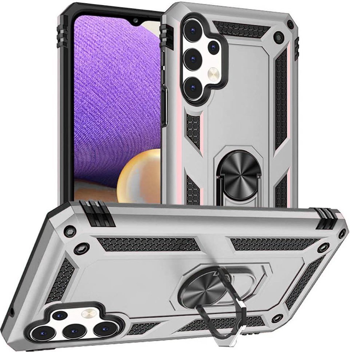 HB Hoesje Geschikt voor Samsung Galaxy A32 5G Grijs - Anti-Shock Hybrid Armor Back Cover - Hoes met Kickstand Ring