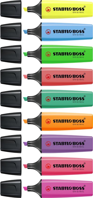 Een verzameling van acht STABILO BOSS originele markers in geel, blauw, groen, rood, cyaan, oranje, paars en twee roze varianten.
