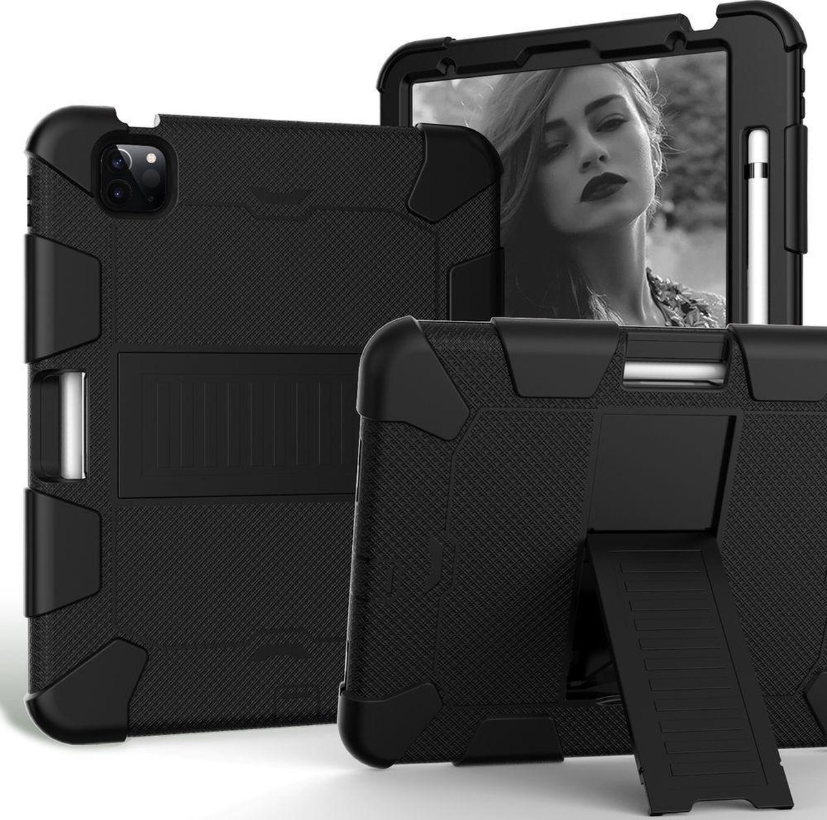 Mobigear Tablethoes geschikt voor Apple iPad Air 4 (2020) Hardcase Backcover | Mobigear ShieldStand + Stylus Houder | Schokbestendig iPad Air 4 (2020) Telefoonhoesje | Anti Shock Proof + Standaard - Zwart