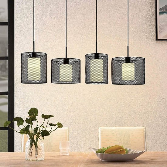 Lindby - hanglamp - 4 lichts - ijzer, glas - E27 - zwart mat, opaal mat