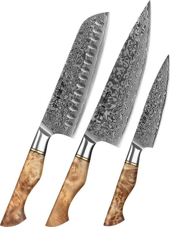 Foto: Luxe en professionele 3 delige keukenmessen set van damascus staal 67 lagen vg10 hezhen b30 series vlijmscherpe damascus stalen lemmeten handvat van plataanhout met klinknagel moza ek koksmes santokumes groentemes