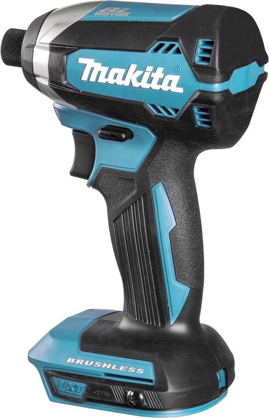 Makita slagschroevendraaier met zwarte grip, turquoise accenten en zilveren details.