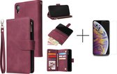 Luxe Telefoonhoesje voor Apple iPhone XR | Hoogwaardig Leren Bookcase | Lederen Wallet Case | Luxe Uitstraling | Pasjeshouder 6 stuks | Portemonnee | Rits | Rood + 1x screenprotect