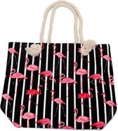 Dielay - Strandtas met Flamingo’s - Canvas - 45x35x12 cm - Zwart
