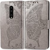 Butterfly Love Flowers Embossing Horizontale Flip Leather Case voor OnePlus 7 Pro, met houder & kaartsleuven & portemonnee & lanyard (grijs)