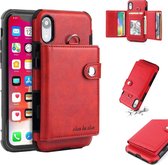 Voor iPhone XR schokbestendige pc + TPU-beschermhoes, met kaartsleuven en portemonnee en fotolijst en lanyard (rood)