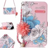 Voor iPhone X / XS Roze achtergrond Blauwe roos Patroon Horizontale flip lederen tas met houder & kaartsleuven & parelbloem Ornament & ketting