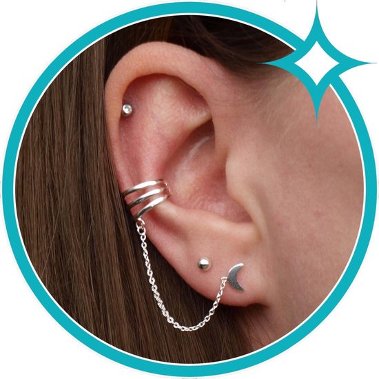 EAR IT UP - Ear cuff met ketting en oorbel - Maan - 925 sterling zilver -  10 x 50 mm -... | bol.com