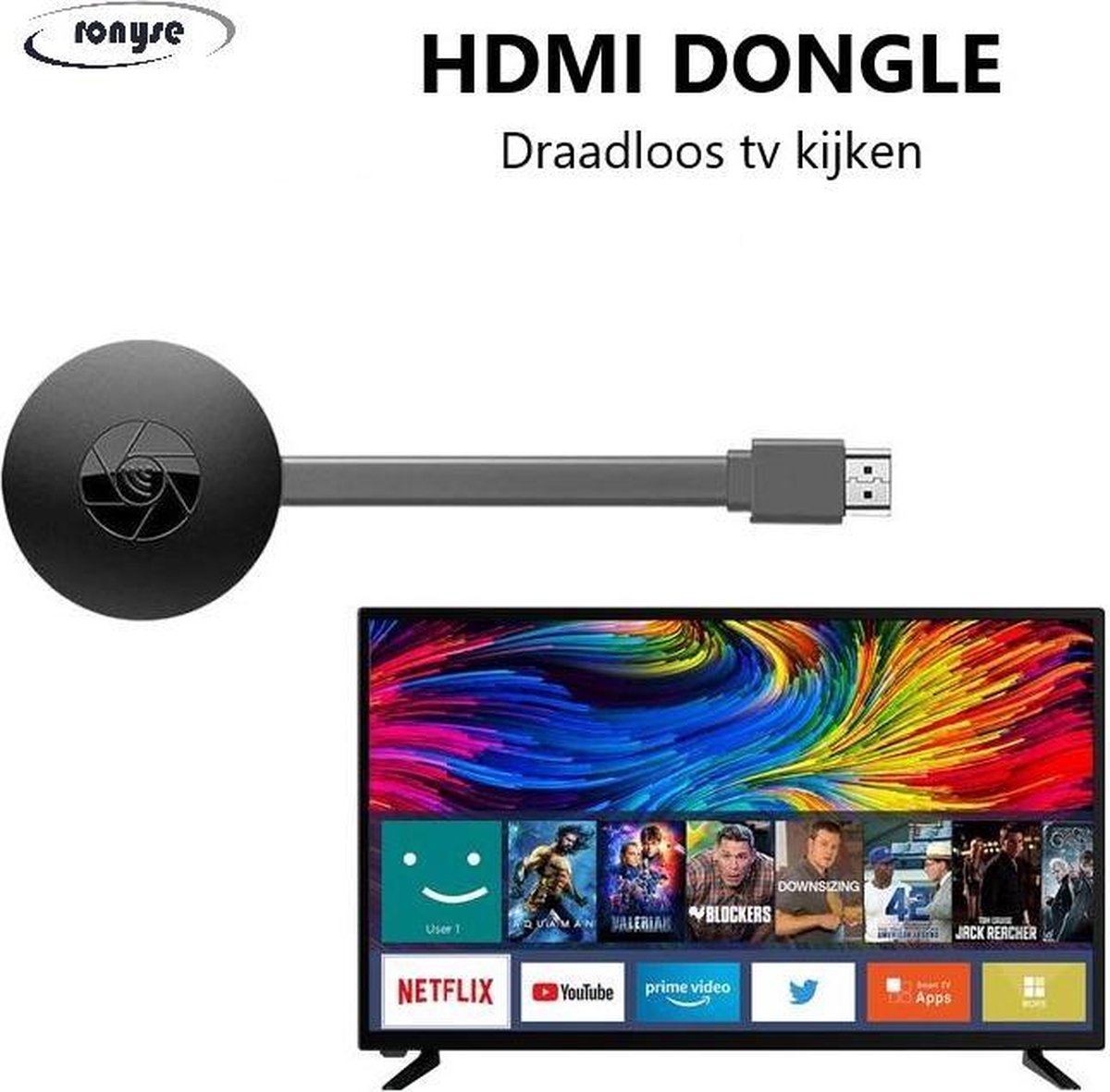 HDMI Dongle -WiFi Miracast - Draadloos tv kijken - Mediastreamer - Miracast - Chromecast - TV stick