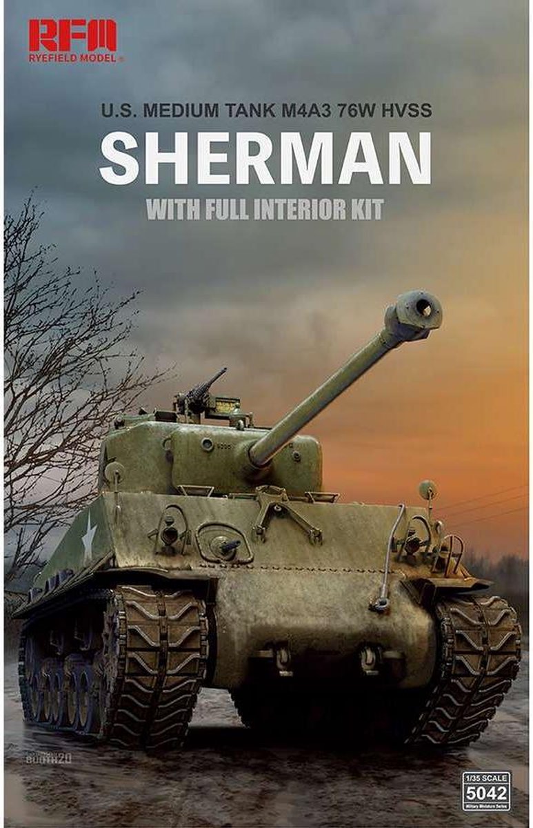 Rye Field Model Modelbouwpakket Militaire voertuigen - 5042 SHERMAN w/Full Interior-Workable Track Links Plastic - 1:35 - Modelbouw