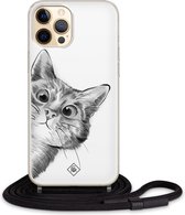 iPhone 12 hoesje met koord - Kiekeboe kat | Apple iPhone 12 crossbody case | Zwart, Transparant | Geen opdruk