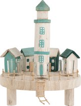 J-Line Theelichthouder 4Stuks Vuurtoren+4Huizen Hout Wit/Blauw/Groen