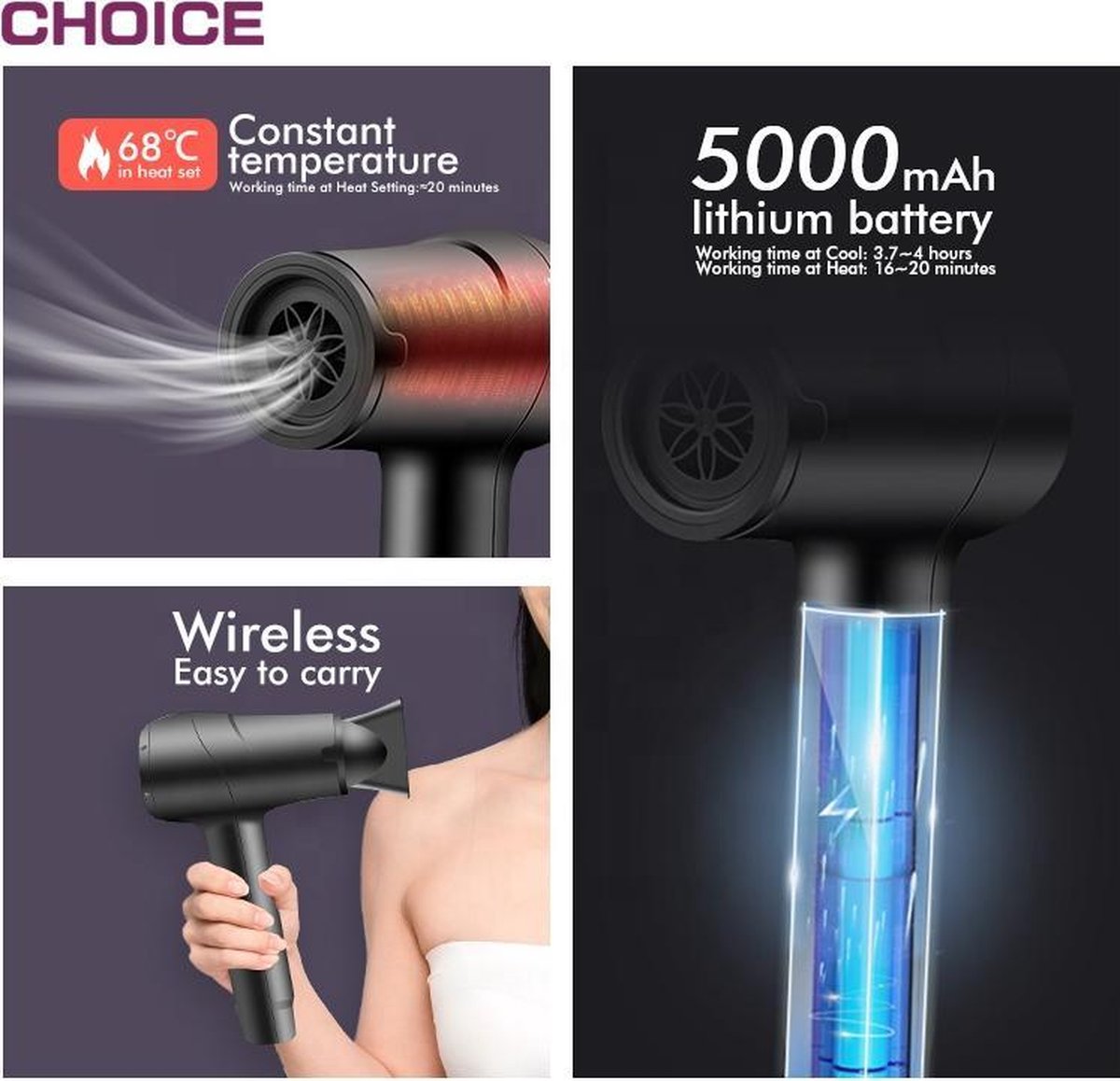 draadloze föhn Ionic- met opzetstuk - 5000mAh batterij - oplaadbaar -  haardroger -... | bol.com